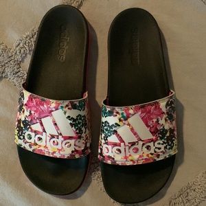Adidas sliders barely used size 9 Women pink multi color with white Adidas logo